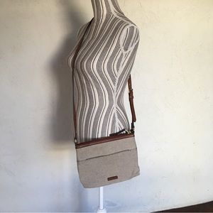 Fossil Beige Canvas Exterior Crossbody with Leather Trim.